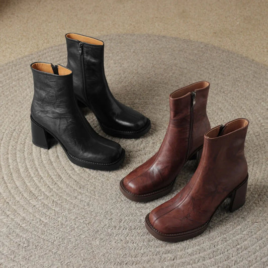 Chelsea Boots Women Ankle Boots High Heels Shoes 2024 New Female Stylish Retro Genuine Leather Short Boots Woman Winter Shoes boots_highheel