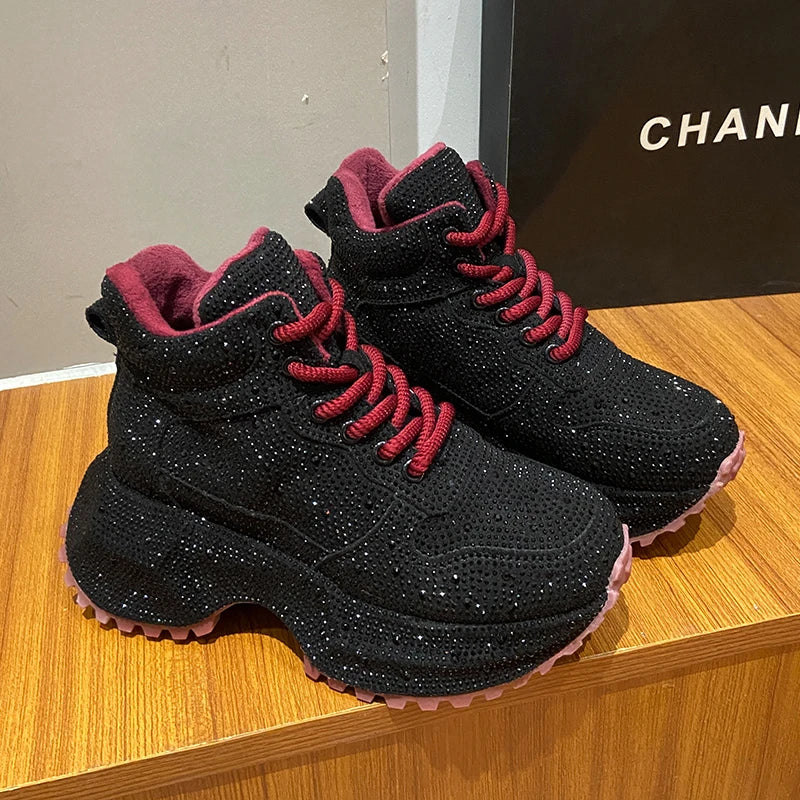 7CM Winter Women Shiny Rhinestones Shoes Casual Plush High Top Sneakers Women Stylish Sport Shoes Lace-Up Platform Luxury  sneakers_platform