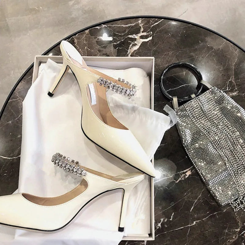 2025 Summer New High-heeled Stiletto Pointed Rhinestone Slippers Women's Outer Wear One-word with Baotou Half Drag Muller Shoes heels_bridal