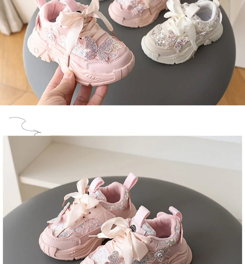 1-6Y New Girls' Sports Shoes Anti Slip Soft Sole Sequin Shinny Butterfly Cute Tennis Running Shoes Princess Shoes for Baby Girls kids_shoes