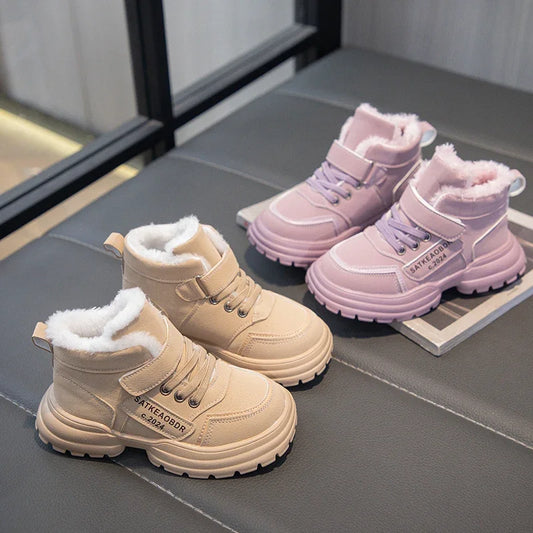 Boys Girls Sports Boots with Fur 2024 New Fashion Kids Ankle Boots Warm for Winter Sweet Students Short Boots Non-slip Soft Sole kids_shoes