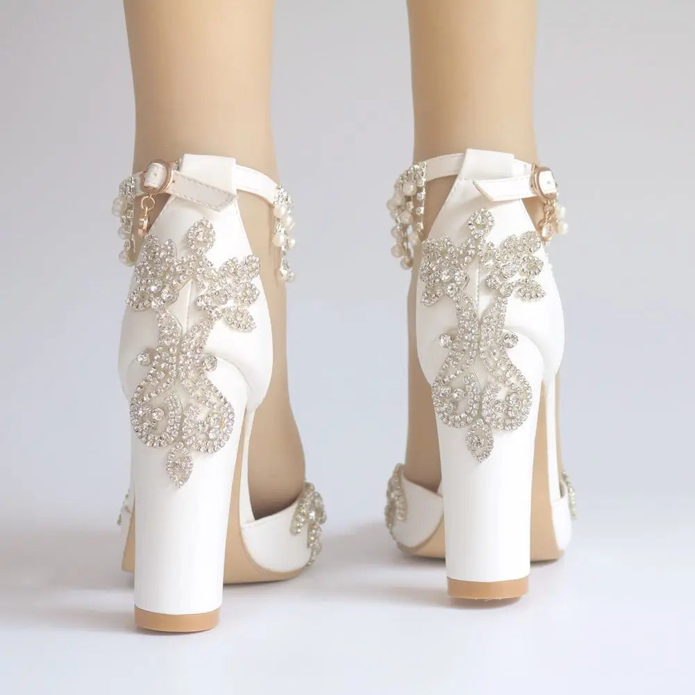 10CM White Pointed Crystal Wedding Shoes Thick Heel Ultra-high Heel Bridal Shoes One-line Buckle Strap Tassel Rhinester Women heels_stiletto
