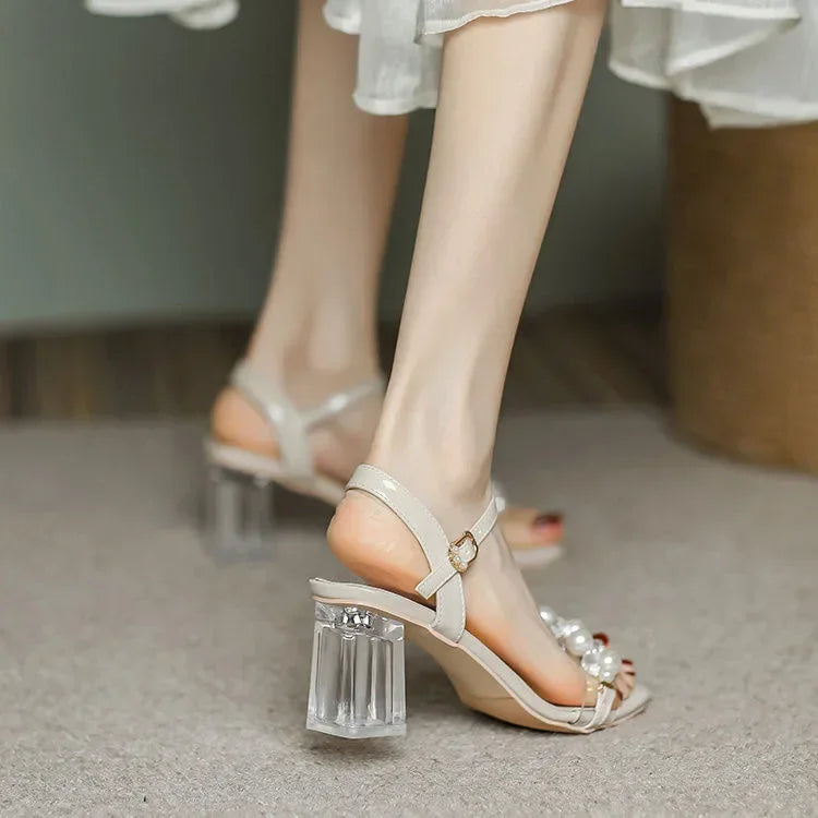 Sexy high-heeled sandals women's summer fashion, pearl accessories, open-toe sandals solid-color outdoor casual high heels