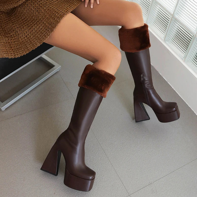 Plus Size Super High Profiled Tapered Heel Faux Fur Turned-Over Edge Warm Winter Snow Boots High Platform Square Toe Knee Boots boots_platform