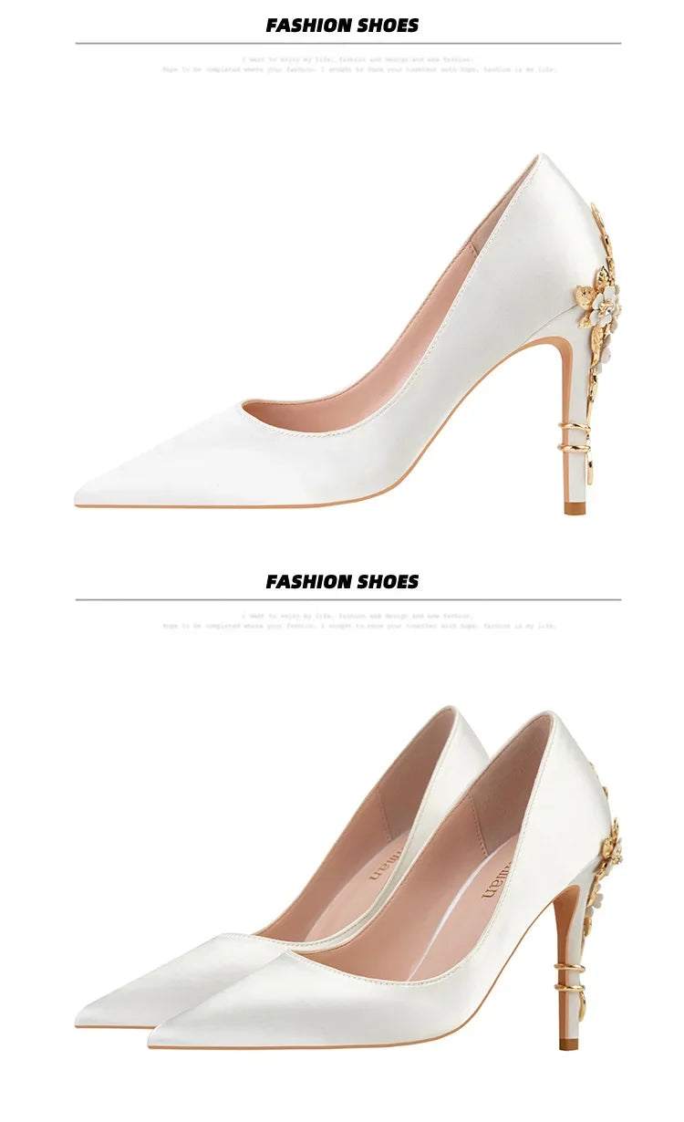 Women's Metal Flowers Stiletto High-heel Shoes Female  Light Luxury Sexy Fashion Wedding Shoes Pointed Toe Satin Single Shoes heels_stiletto