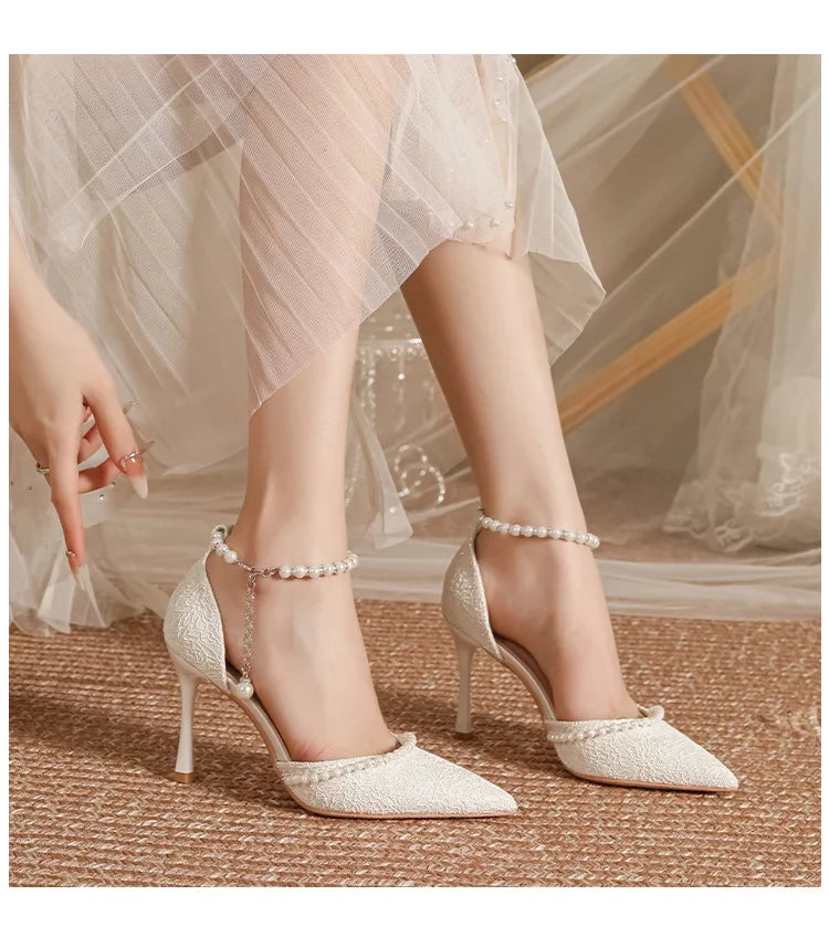 Size 30-44 Pearls Strap High Heels Lace Women White Wedding Shoes Stiletto Heel Point Toe Bride Bridesmaid heels_bridal
