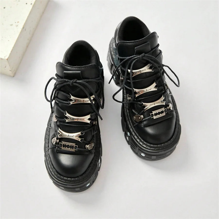 Punk Style Women Black Shoes Rock Metal Decor Lace-up Heel Height Platform Shoes Gothic Man Sneakers Women Ankle Boots 2026 sneakers_platform