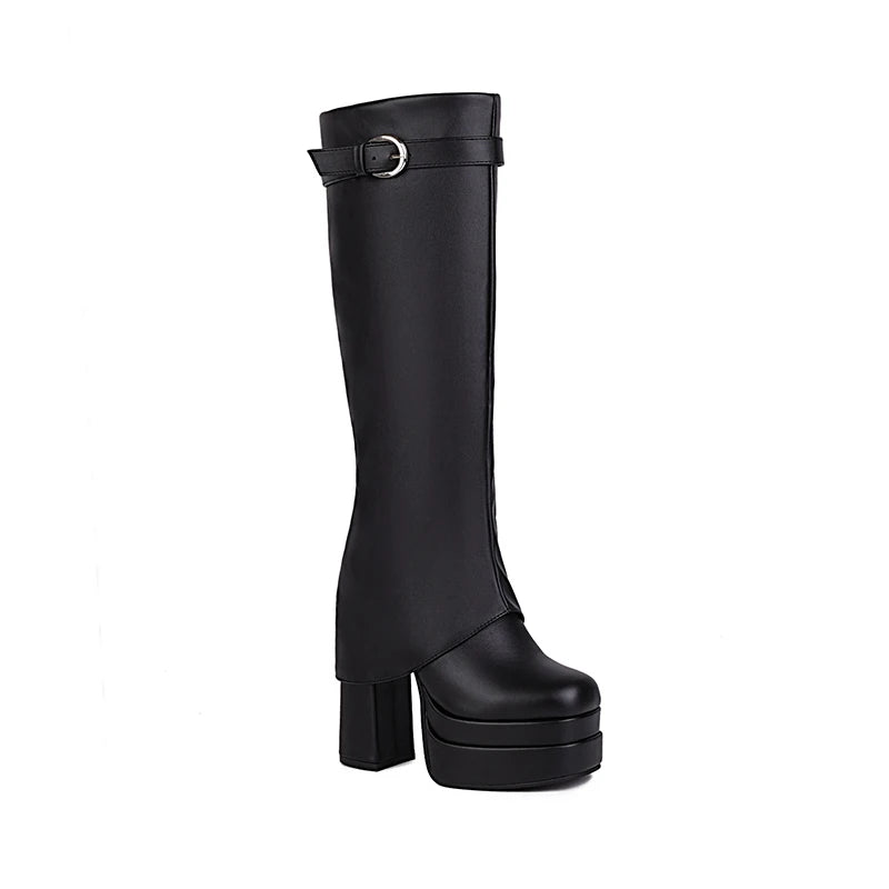 2024 Plus Size Turned-Over Edge Women's Knee-High Boots Warm Plush Inner Super Thick Heel Three-Layer Platform Buckle Shoes boots_platform