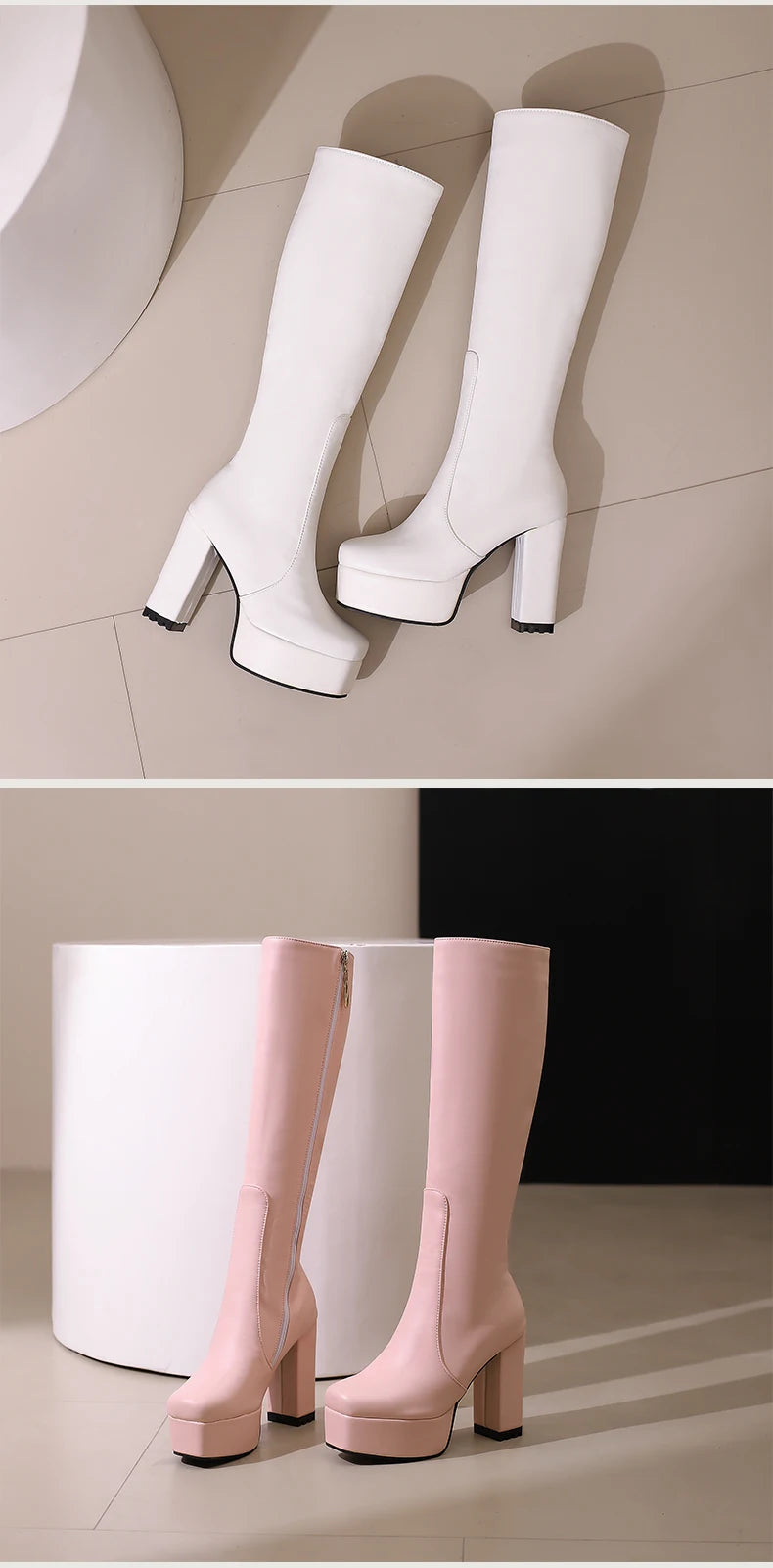 High Waterproof Platform Square Toe Solid Color Side Zipper Women's Knee High Boots Super High Thick Heel Office Boots boots_platform