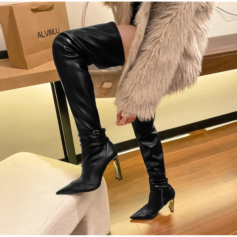 Fashion Autumn Winter Soft Leather Stretch Women Thigh high Boots Elegant Pointed toe High heels Over the knee Boots Party Shoes boots_highheel