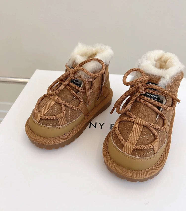 2025 New Winter Children Snow Boots Genuine Leather Warm Plush Toddler Boys Shoes Non-slip Fashion Baby Girls Boots 1-6 Years