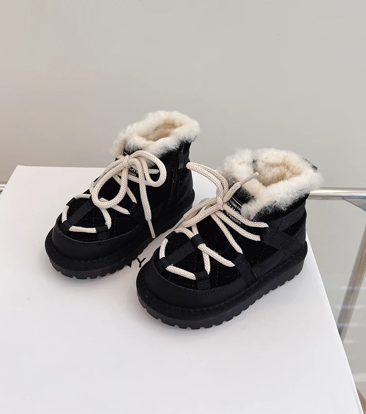 2025 New Winter Children Snow Boots Genuine Leather Warm Plush Toddler Boys Shoes Non-slip Fashion Baby Girls Boots 1-6 Years