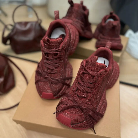 2025 Spring and Autumn New Women's Rhinestones Full of Diamonds Straps Thick-soled Angola Red Niche Sports and Leisure Dad Shoes sneakers_platform
