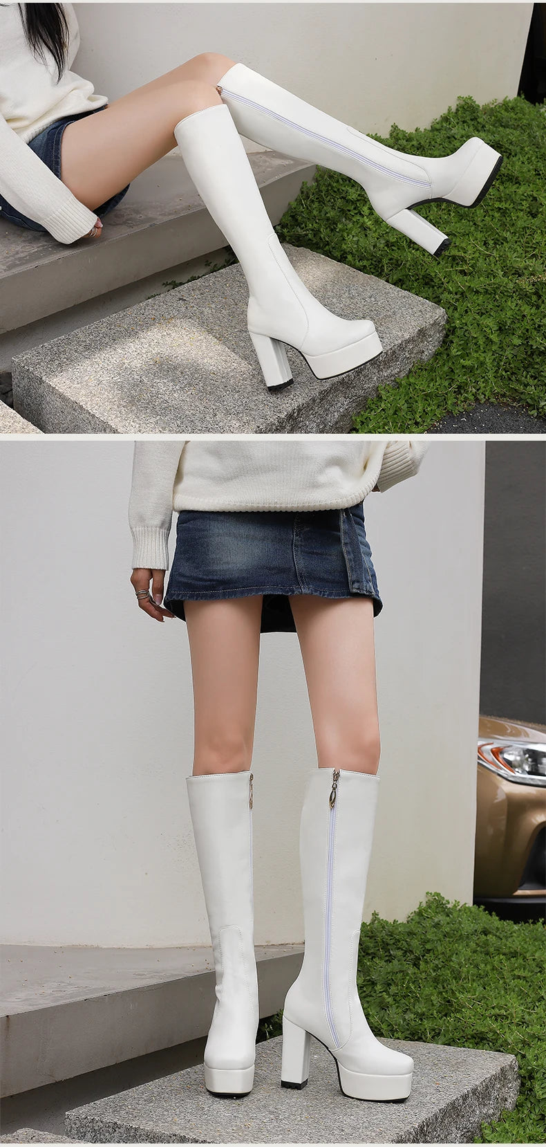 High Waterproof Platform Square Toe Solid Color Side Zipper Women's Knee High Boots Super High Thick Heel Office Boots boots_platform