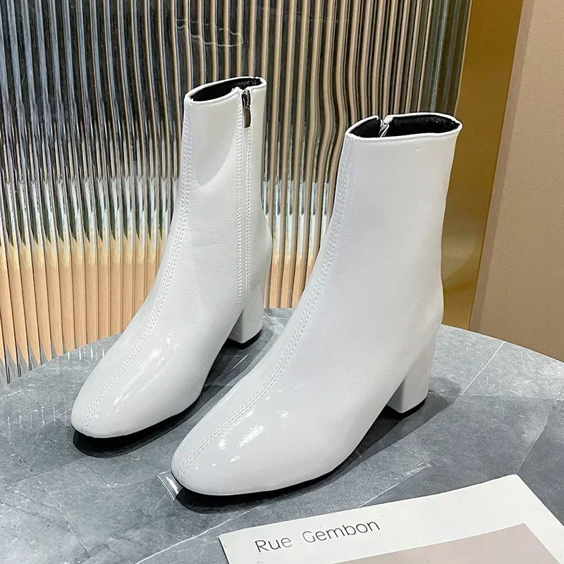 Leather Medium Heeled Short Boots for Women PU Soft Ankle Boots Side Zipper Comfortable Office Women Shoes Square Ladies Boats boots_highheel