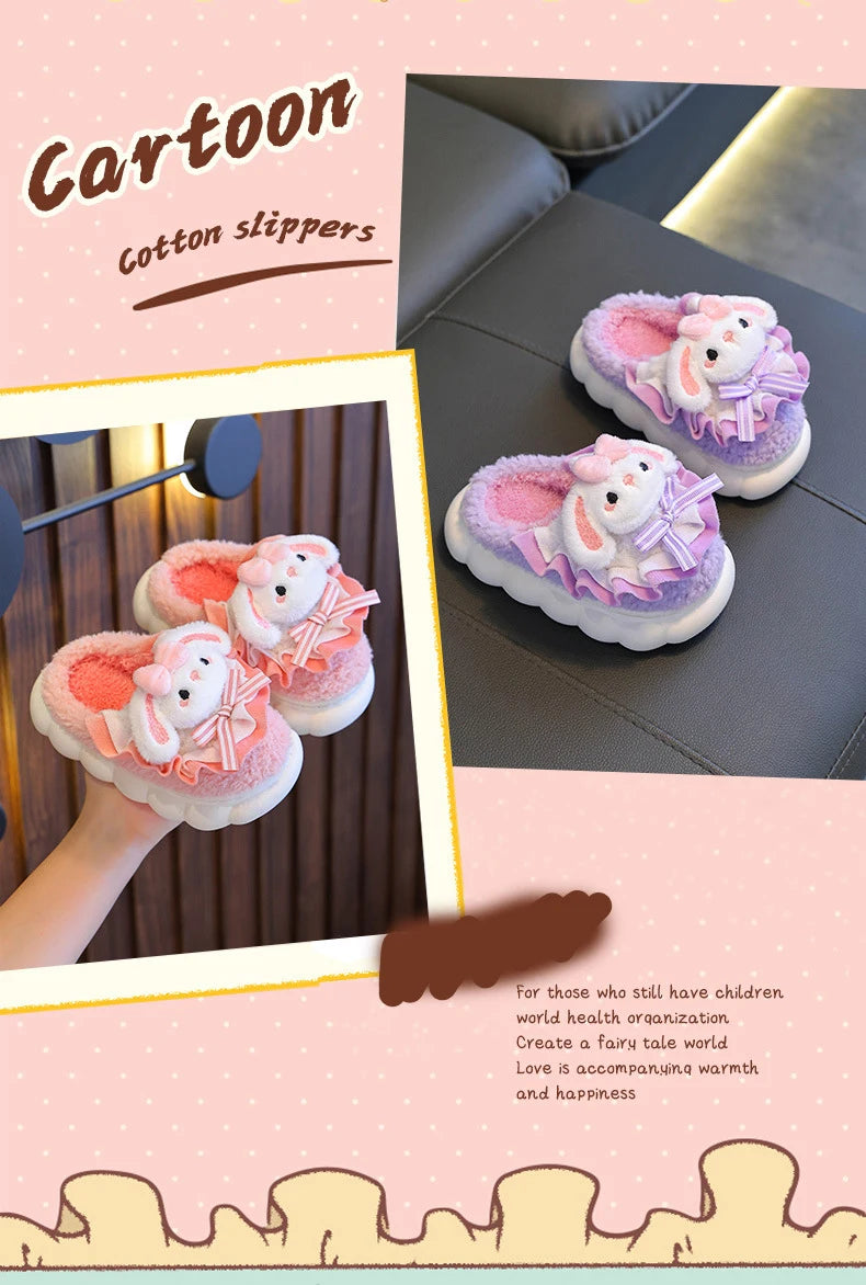 2024 New Winter Children's Cotton Slippers - Cute and Warm Fleece Rabbit Fur Baby's Home Cotton Slippers for Girls kids_shoes