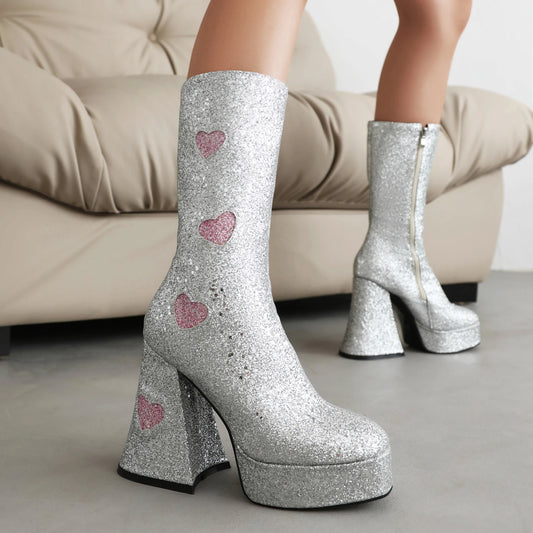 Heart Shaped Sequin Fabric Material Color Block Women's Mid Boots Platform High Shaped Conical Heel Thick Plush Lining Boots boots_platform