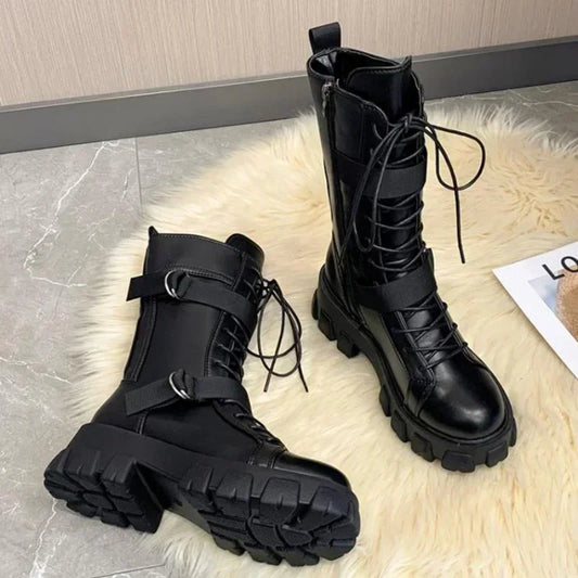 Women Mid-Calf Boots  Motorcycle Boots Women's Cosplay High Boots Punk Gothic Black High Heel Shoes Women Long Knight boots_platform