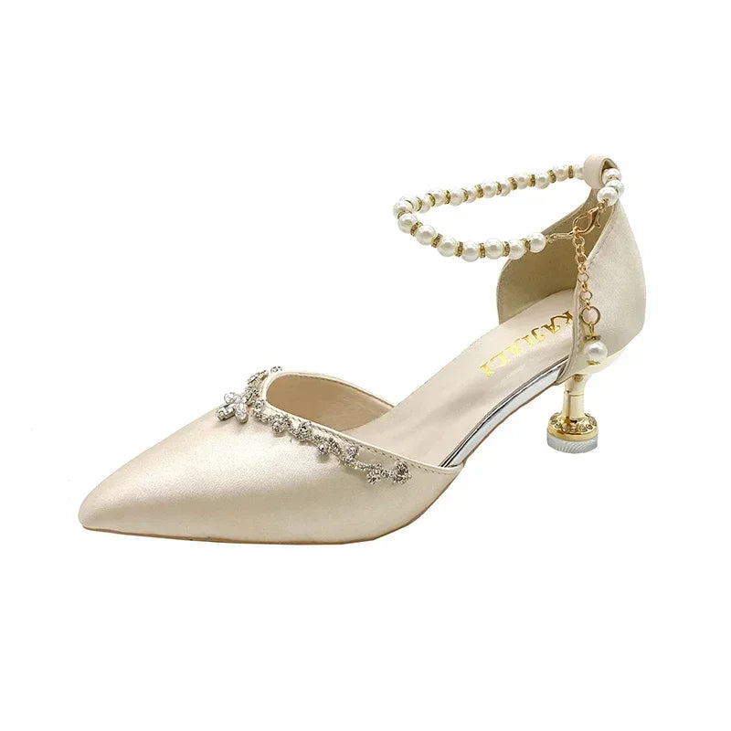 Pointed Toe Baotou Sandals Women's 2025 New Stiletto Hollow Single Shoes Versatile Pearl Strap Women's Shoes heels_bridal