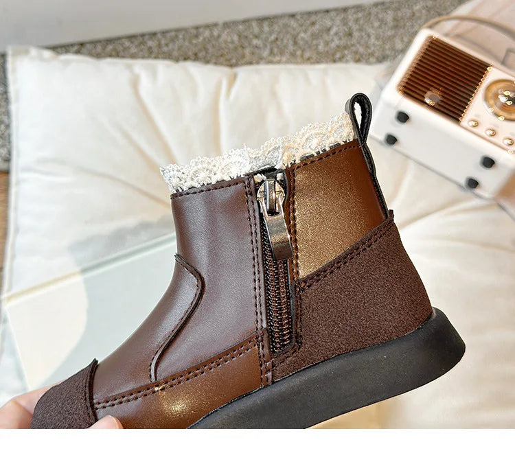 Lolita Style Baby Girls Short Boots Patch Patent Leather Girls Wedge Shoes Lace Flower Bordered Winter School Shoes Child H09241 kids_shoes