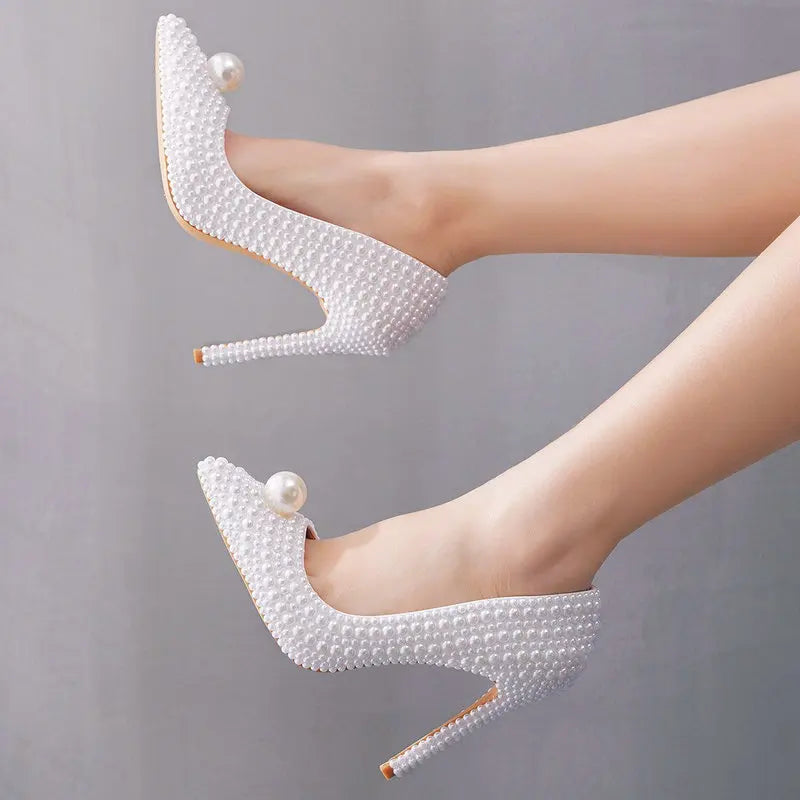 11cm Pearl Wedding Shoes Thin Heel Pointed Single Shoe Large Size Women's Shoes Bride Shoes Dinner Women's Pumps heels_bridal