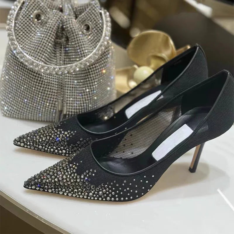 Spring and Autumn 2025 New   Mesh Pointed Shallow Mouth Sexy Stiletto Shoes heels_stiletto