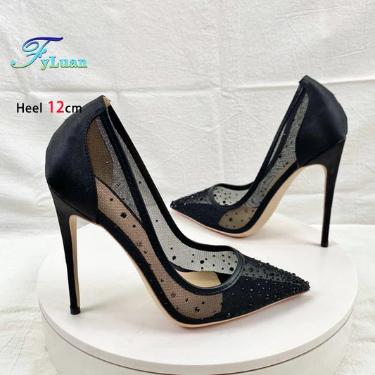 Breathable Mesh Rhinestone Shoes Women 8CM 10CM 12CM Stiletto Pumps Fashion Pointed Toe Summer Evening Party High Heels Black heels_stiletto