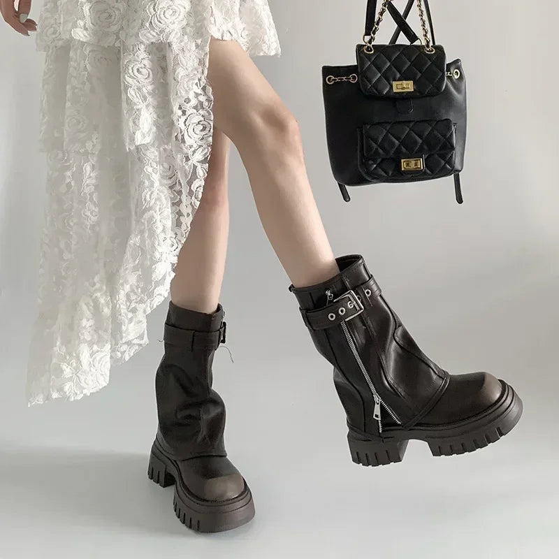Winter Women Biker Boots Fashion Belt Buckle Ladies Elegant Platform Long Pipe Booties Casual Women's Knee High Booties2025 boots_platform