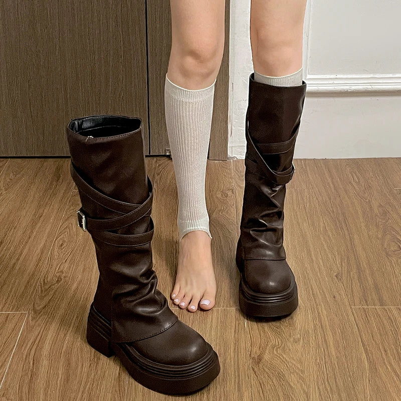 Vintage Thick Heel Women Knight Long Boots Fashion Slip On Knee High Booties Autumn Winter Shoes Zapatos De Mujer boots_platform