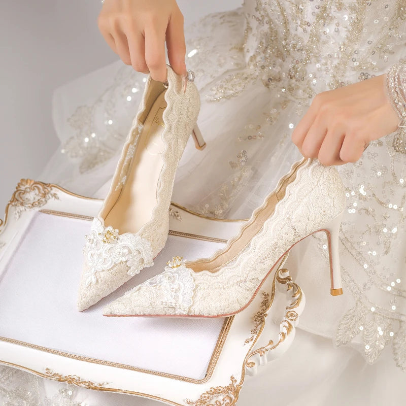 2025 Summer Cutout Women's Mesh Embroidered Pointed Toe Stiletto Heels Lace Shoes heels_stiletto