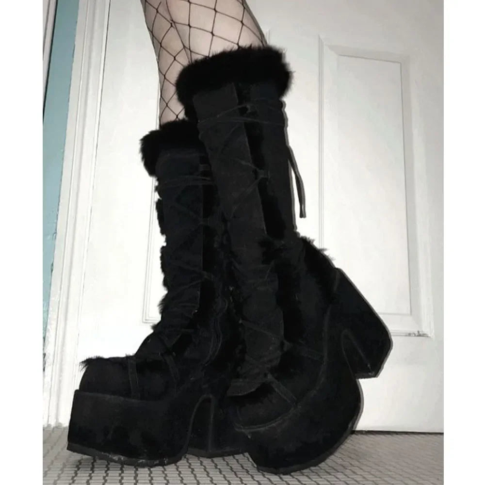 2024 Winter Big Size 43 y2k White Punk Style Women's Faux Fur Chunky Platform Boots Gothic Black Block High Heels Shoes boots_platform