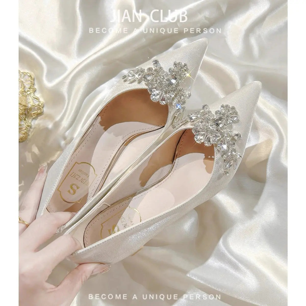 Gold  Heels Fine Heeled Shoes Sexy Pump 2024 All-Match Slip On Sandals Ladies Pointed Wedge Lace-Up Stiletto Crossdressers Cryst heels_stiletto