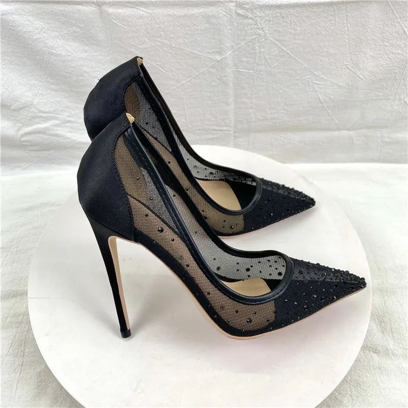 Breathable Mesh Rhinestone Shoes Women 8CM 10CM 12CM Stiletto Pumps Fashion Pointed Toe Summer Evening Party High Heels Black heels_stiletto