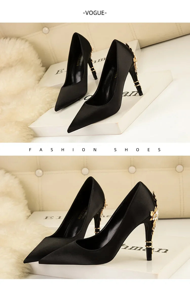 Women's Metal Flowers Stiletto High-heel Shoes Female  Light Luxury Sexy Fashion Wedding Shoes Pointed Toe Satin Single Shoes heels_stiletto