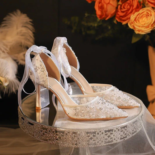 French Style White Wedding Shoes Senior Sense Wrapped Head Sandals Women'S Summer Lace Mesh Hollow High Heels Bride Single Shoes heels_bridal