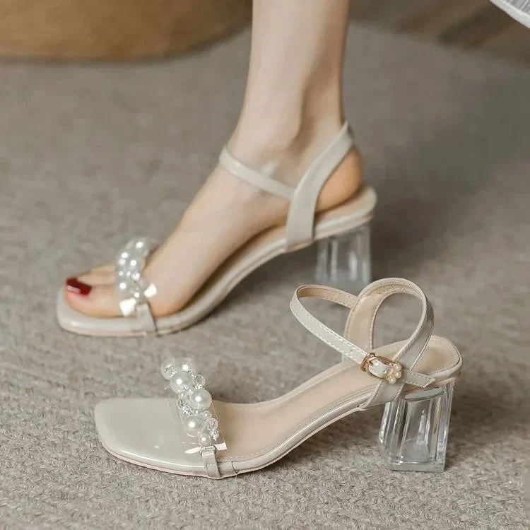 Sexy high-heeled sandals women's summer fashion, pearl accessories, open-toe sandals solid-color outdoor casual high heels