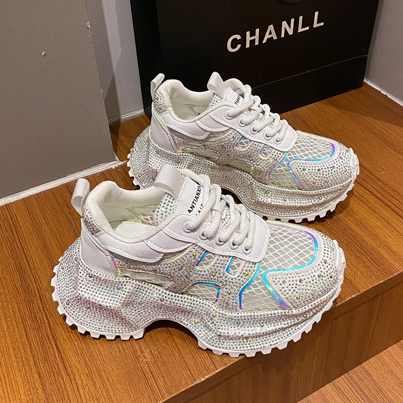 Luxury Designer Women's Shoes New Rhinestone Women's Sneakers Breathable Hollow Mesh Casual Platform Shoes Zapatos Mujer 7 cm sneakers_platform sneakers_luxury