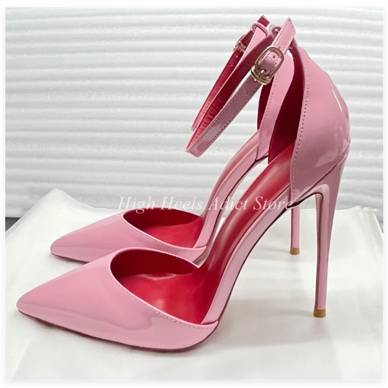Baby Pink Patent Leather Sexy Ankle Strap Pumps Black/White/Nude Pointed Toe High Heels Good Quality Big Size Party Shoes heels_stiletto