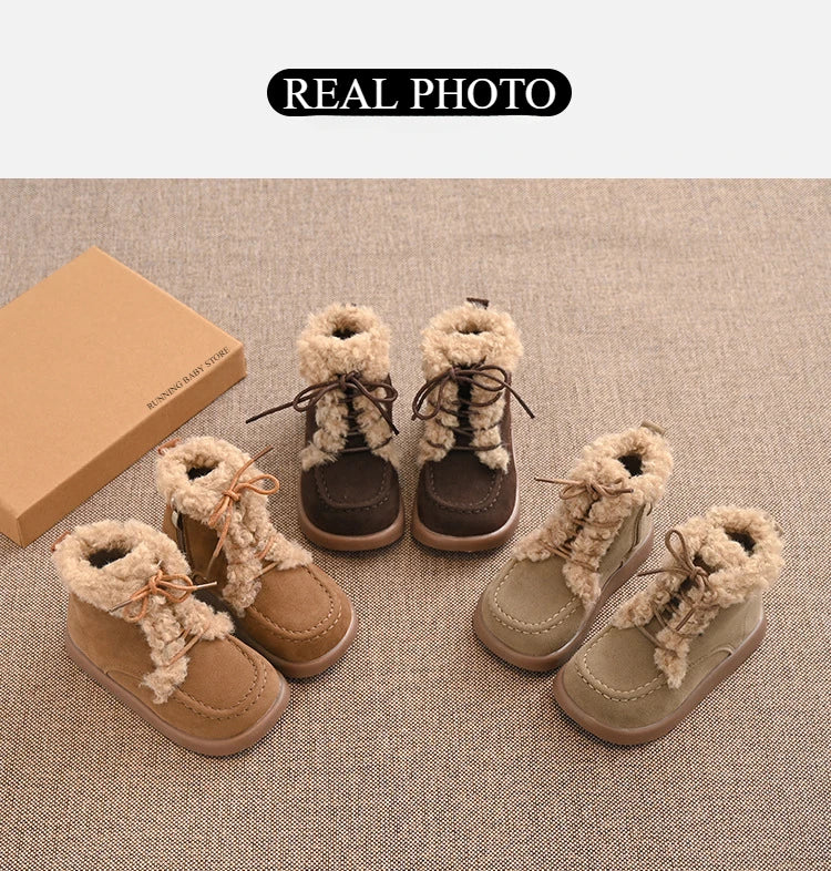 Children Thick Sole Suede Snow Boots Girls Casual Warm Anti-slip Winter Cotton Shoes Casual Outdoor Fashion Flat Footwear H11103
