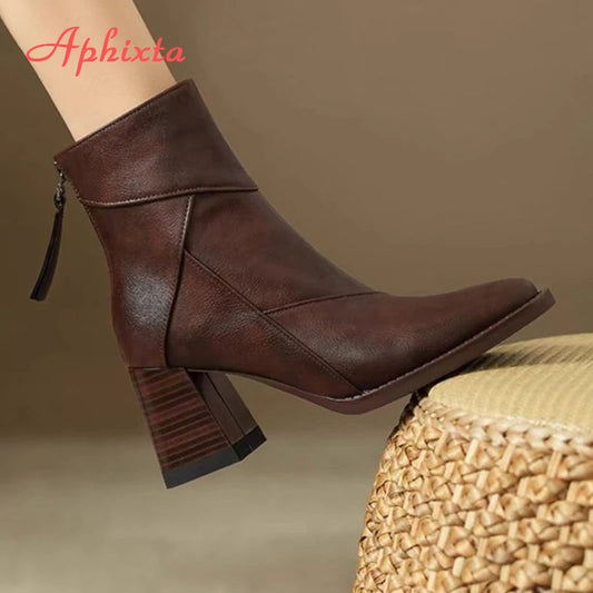 Aphixta Luxury Leather Women Ankle Boots Back Zipper Close Modern Boots High Heels Shoes Woman Boats botines para mujeres boots_highheel