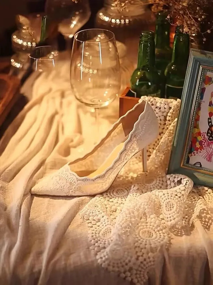 White Wedding Shoes Bridal Shoes Design Sense Niche Lace Pointed Stiletto Heel Shallow French High Heels Female Temperament heels_stiletto