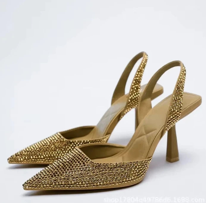 Gold Women Heels Sandals 2026 Summer Crystal Pointed Toe Female Stiletto African Party Rhinestone Shallow Slip on Heel Shoes heels_stiletto