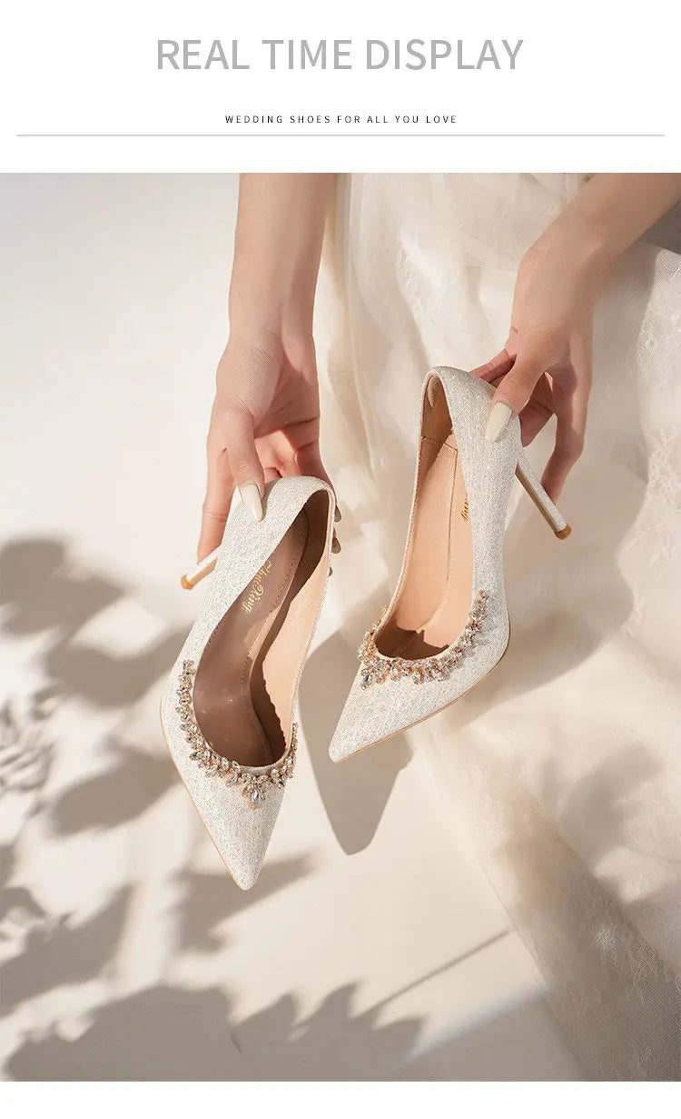 2025 New French Stiletto Heels Pointy Head Shallow Mouth Shoes Rhinodiamond-Edged Korean Version White Crystal Wedding Pumps heels_stiletto