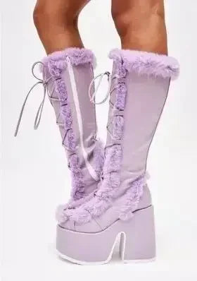 New Winter Women Snow Boots Platform Wedge High Heel Faux Fur Lady Shoes Female Plush Warm Non-slip Mid Calf Boots Goth Shoes boots_platform