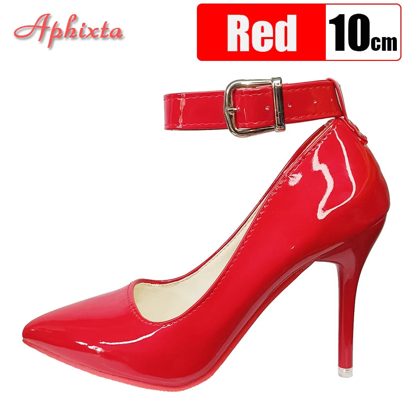 Aphixta 10cm/12cm Metal Belt Buckle Stiletto Heels Pumps Women Party Shoes Rivets Buckle Strap Pimp Pointed Toe Size 48 49 50 heels_stiletto