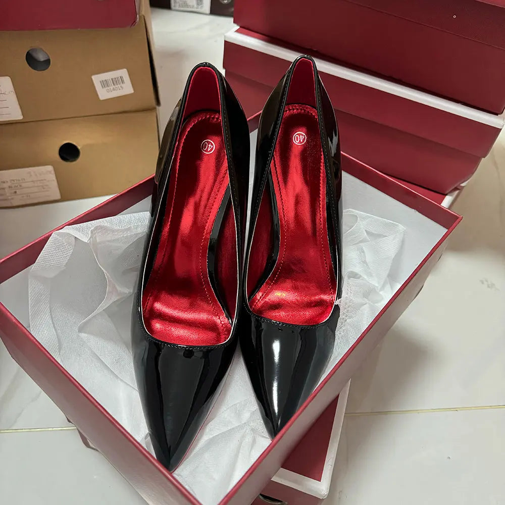 Newly 12cm Women Sexy Glossy Black Patent Pumps Shallow Stilettos Elegant Slip On High Heels Pointed Toe Party Woman Dress Shoes heels_stiletto