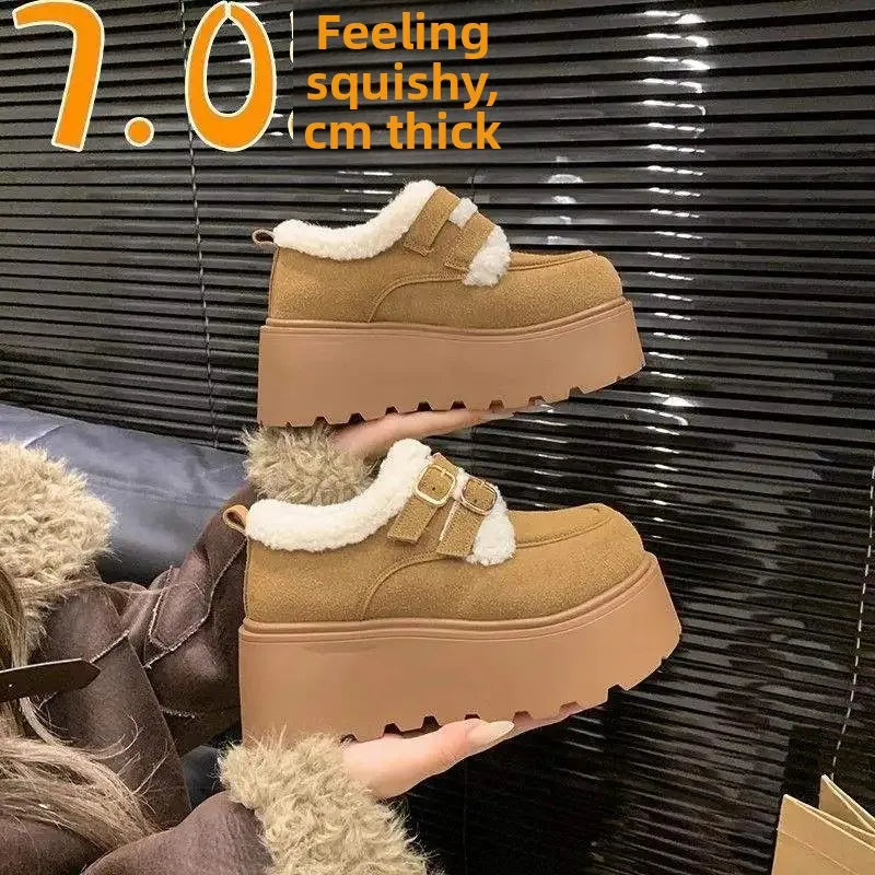 Low Cut Furry Snow Boots Women's Thick Heel Wedge Slippers Korean Style Flat Shoes Cotton Lined Winter Fashion Boots sneakers_platform