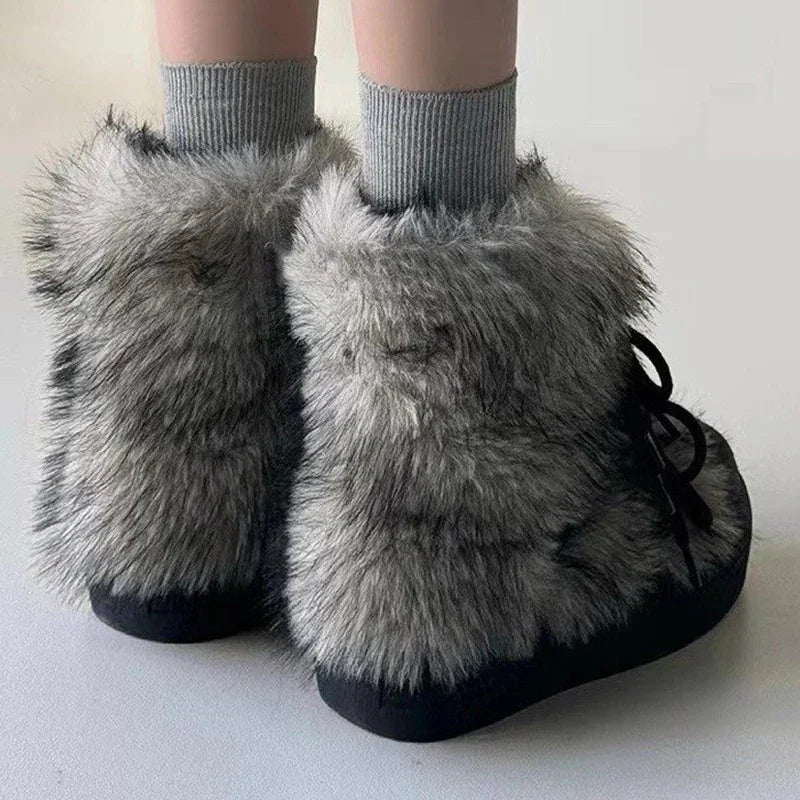 Bow Platform Women Snow Ankle Boots Fur Designer Fashion Short Plush Flats Cotton Shoes 2025 Trend Warm Cozy Winter Botas Mujer boots_platform