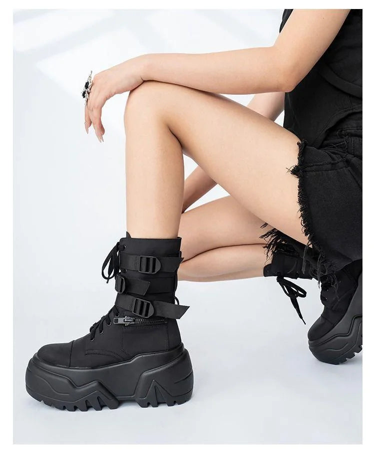 Women Ankle Booties Autumn Leather Chunky Shoes Woman High Platform Breathable Sneakers 9CM Thick Sole Wedges Motorcycles boots_platform