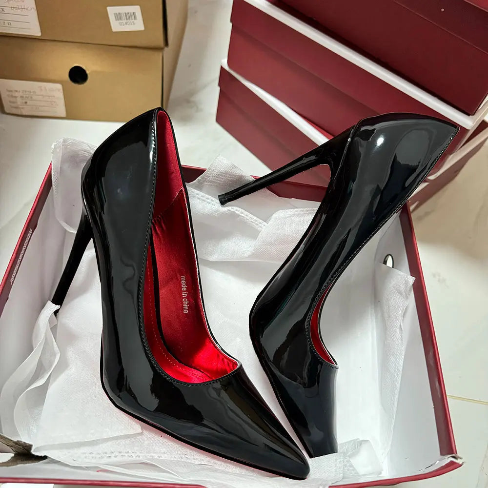 Newly 12cm Women Sexy Glossy Black Patent Pumps Shallow Stilettos Elegant Slip On High Heels Pointed Toe Party Woman Dress Shoes heels_stiletto
